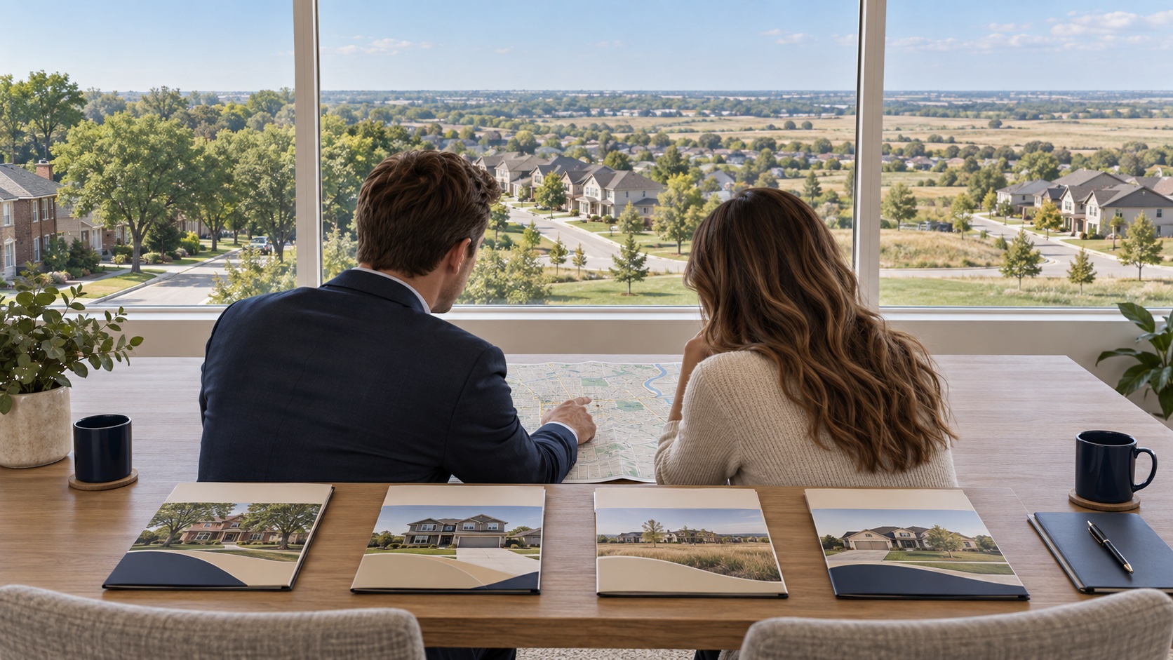 Buyer and real estate agent reviewing a Greater Omaha home-search map