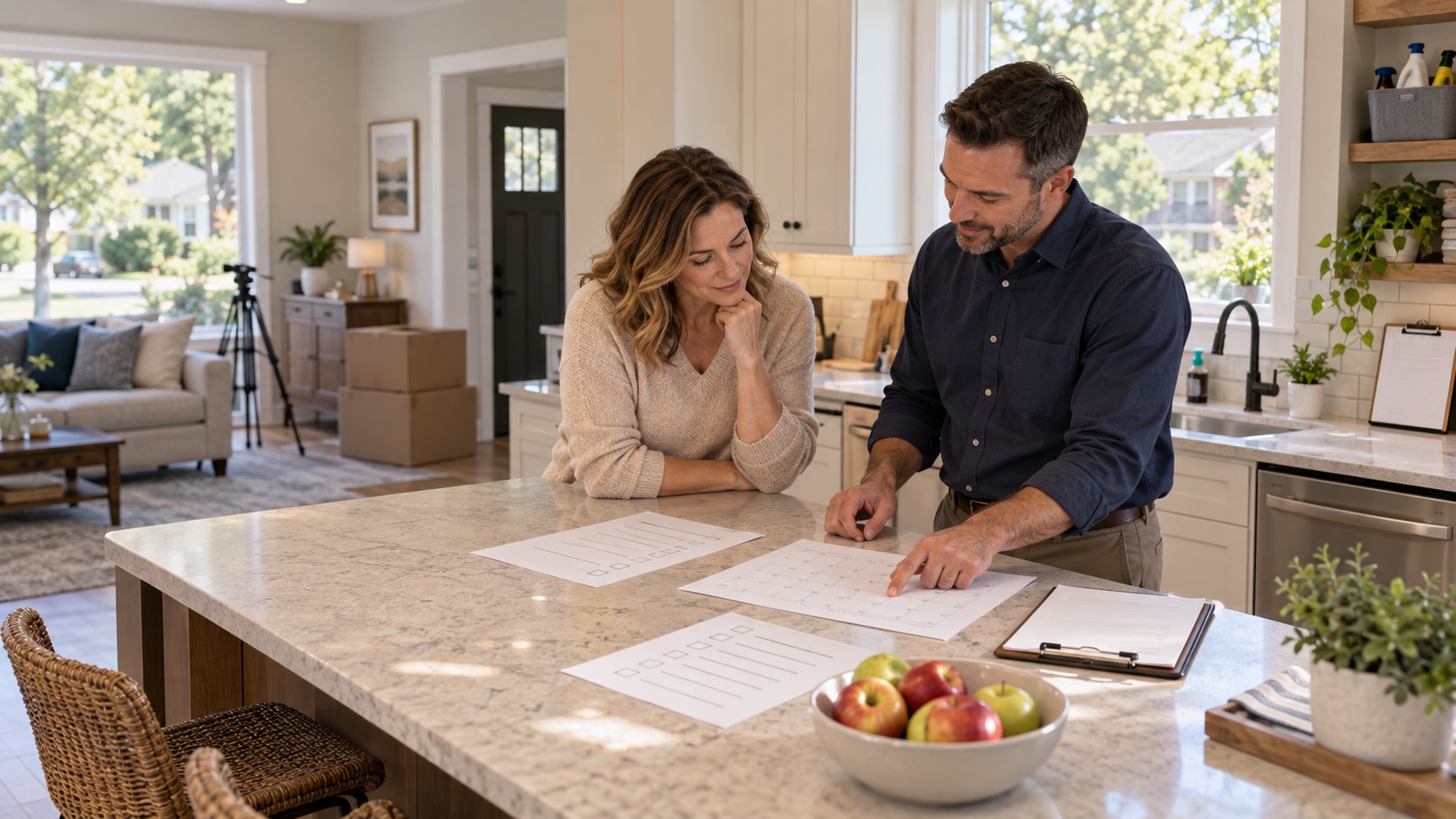 Omaha homeowner and real estate agent reviewing a pre-listing plan