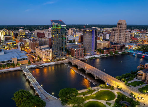 An aerial view of the downtown buildings in Grand Rapids