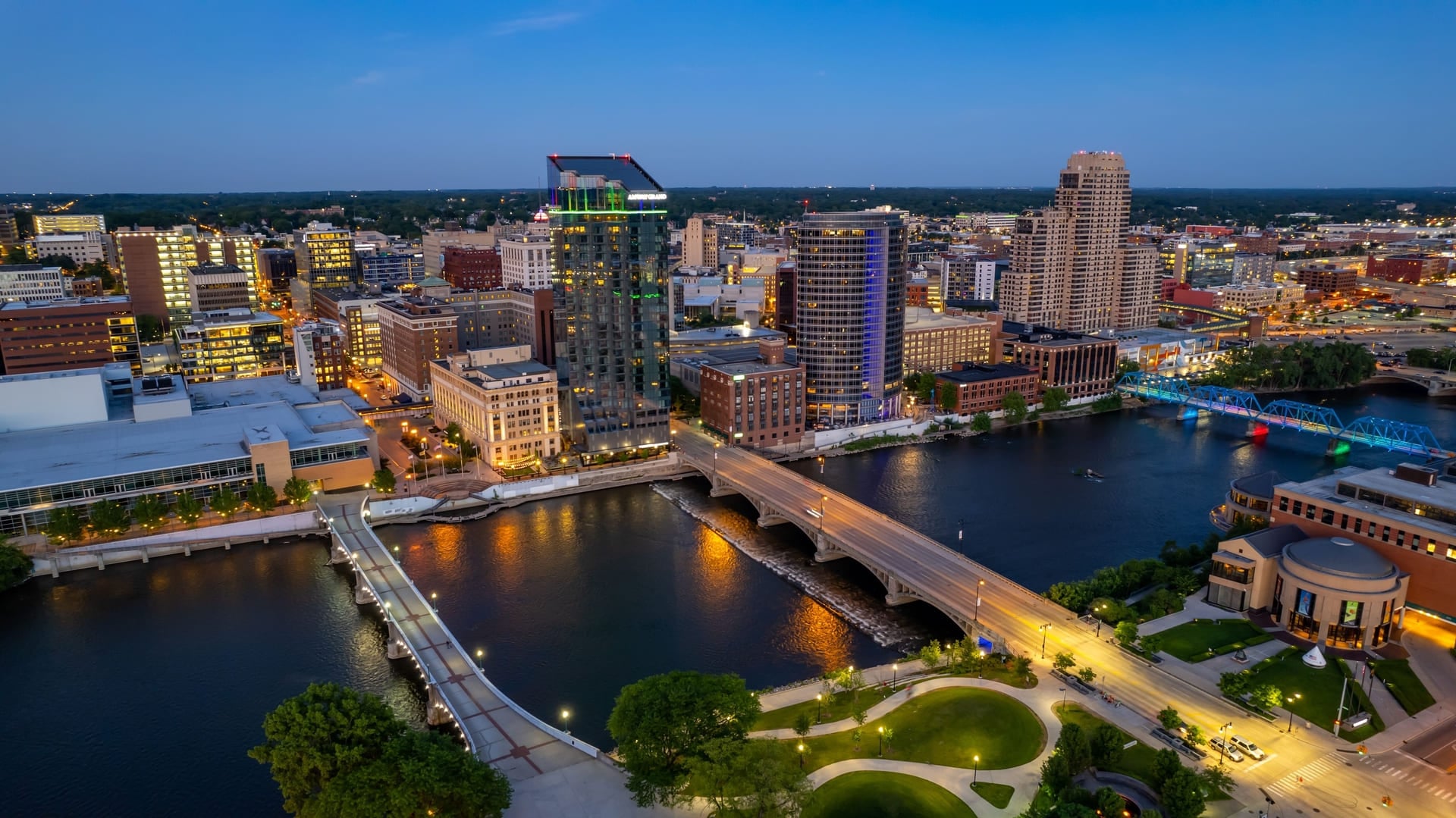 An aerial view of the downtown buildings in Grand Rapids