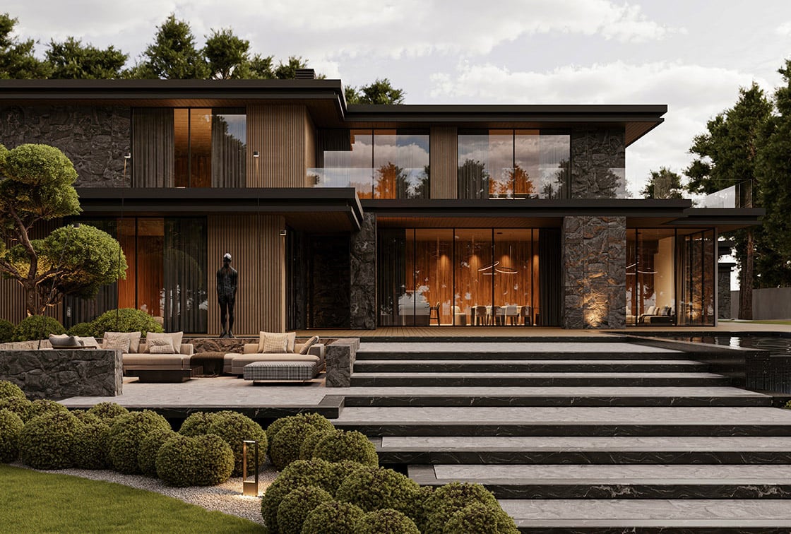 Modern,Luxury,House,With,Stone,And,Wood,Facade,,Large,Glass