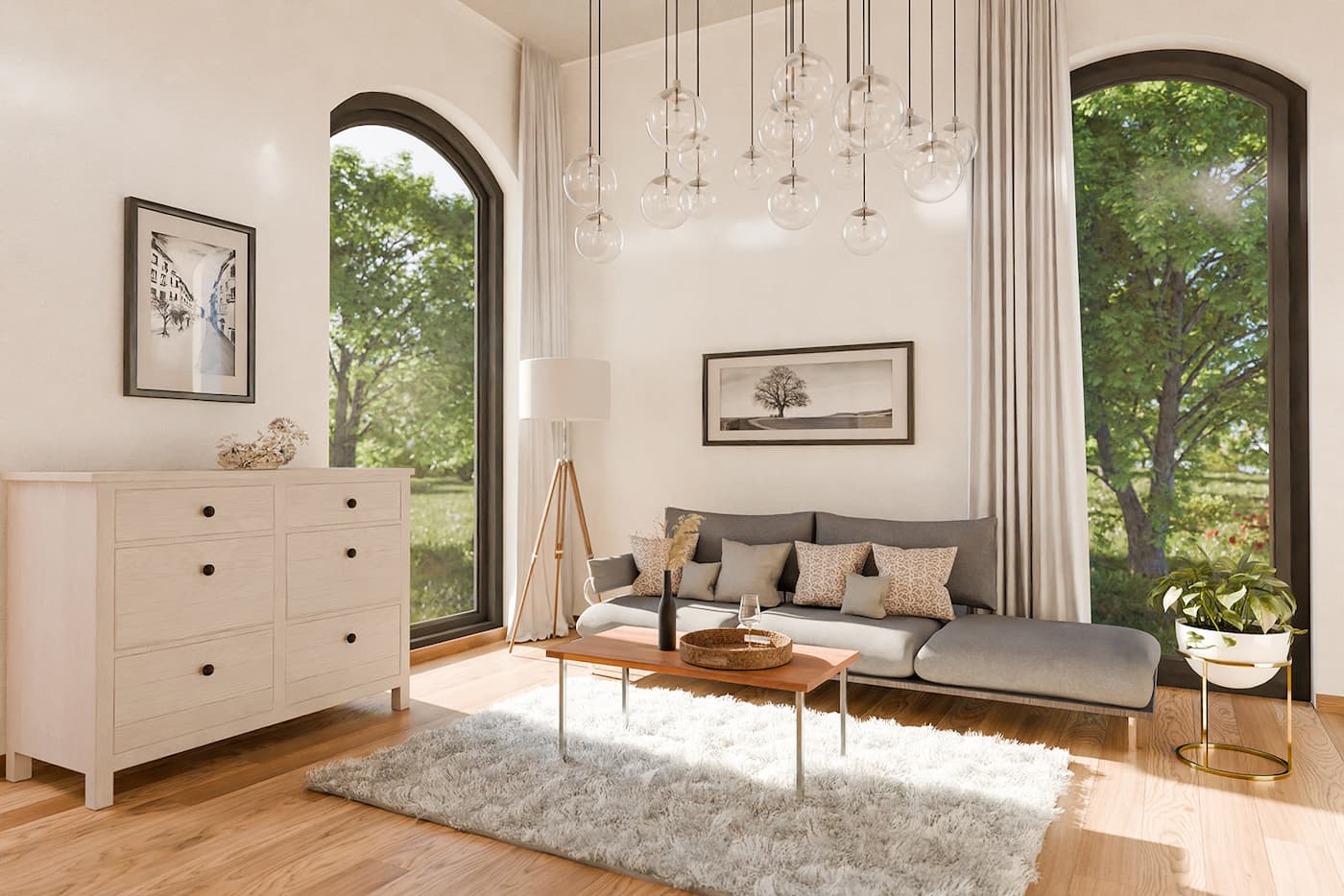 luxurious loft apartment with floor-to-ceiling windows and panoramic view; modern interior design of living room area; bright daylight; 3D rendering (1)