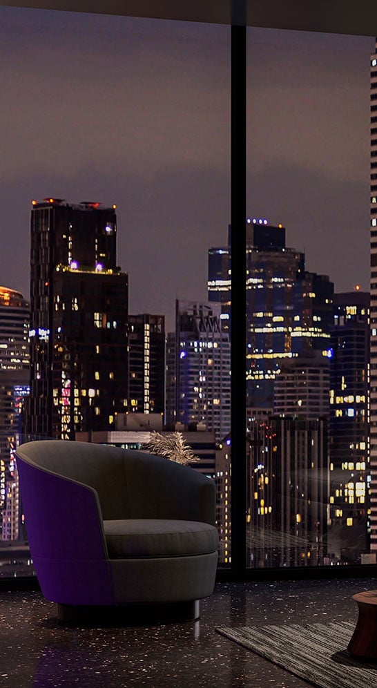 Night-scene,-Modern-style-luxury-black-living-room-with-city-view-3d-render,-There-are-black-terrazzo-floor-decorated-wall-with-hidden-light,-furnished-with-black-fabric-sofa