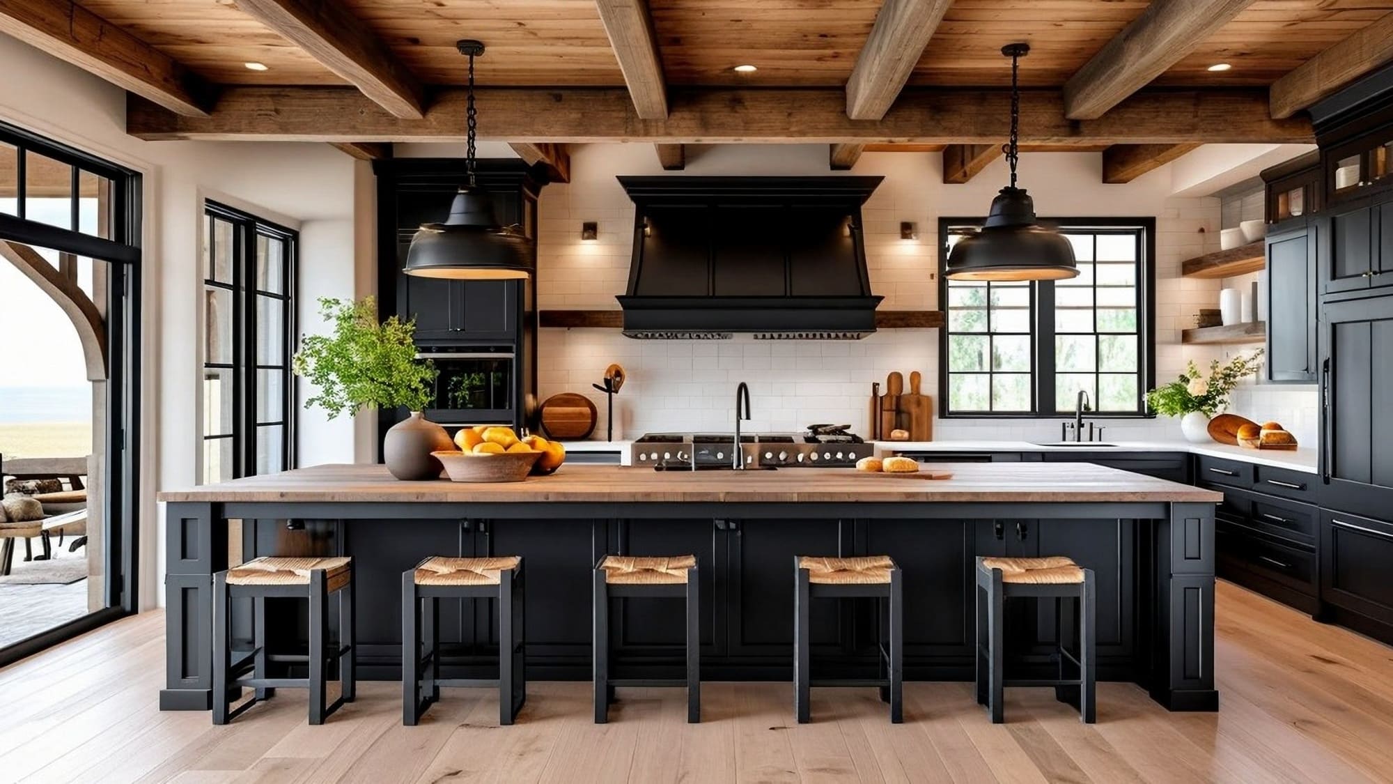 luxury black and wood farmhouse kitchen with wood beams