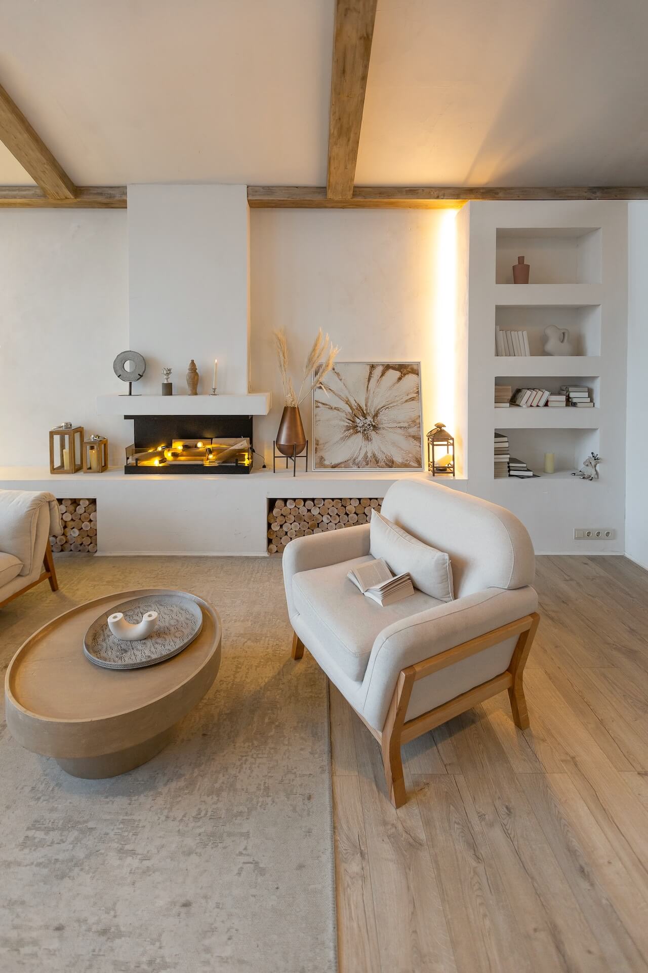 cozy warm home interior of a chic country house with an open plan, wood finishes, warm colors and a family hearth. view of the recreation area for family and guests(1)