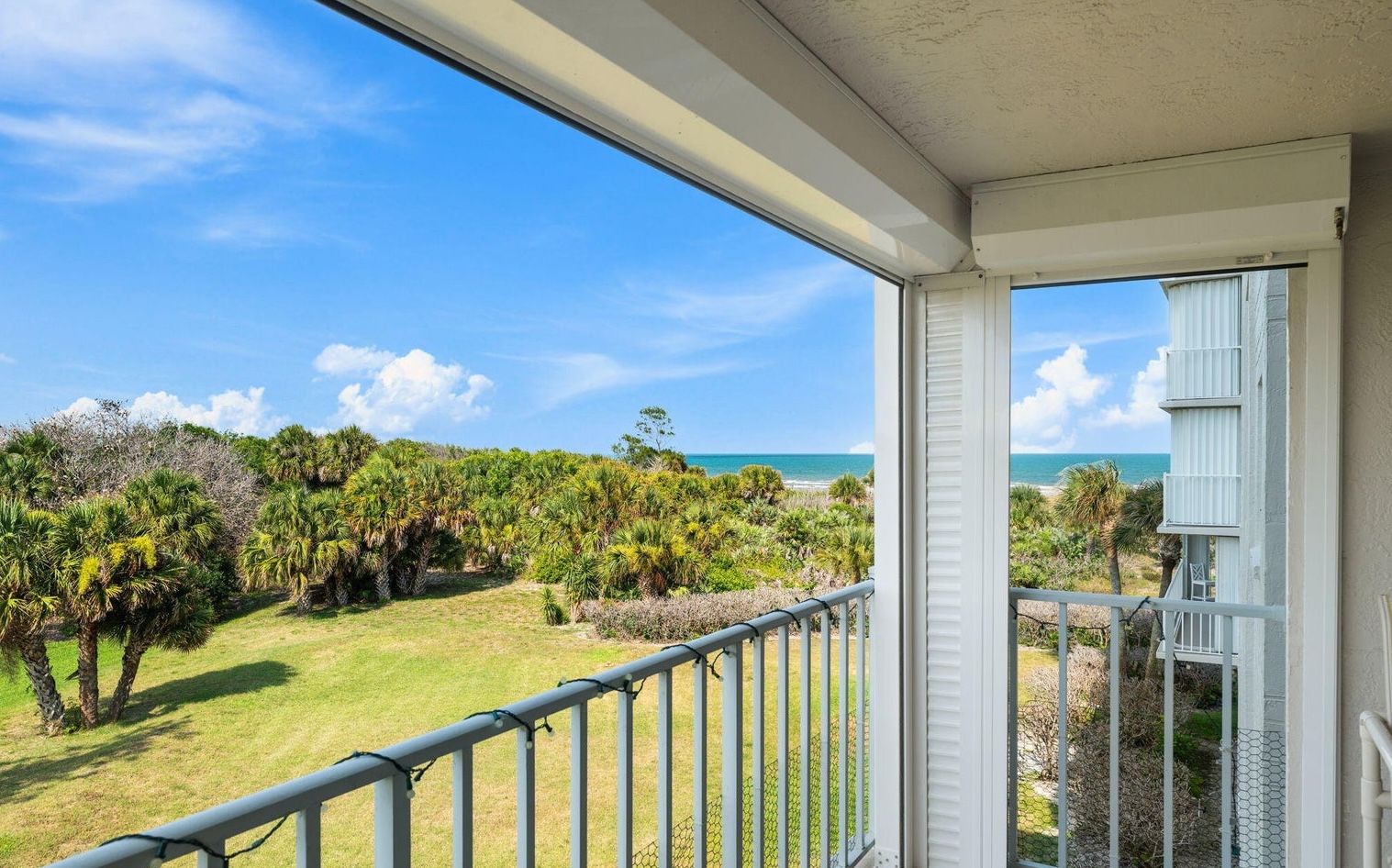 Private balcony at Ocean Oaks Cape Canaveral with ocean views rocket launch views and cruise ship views