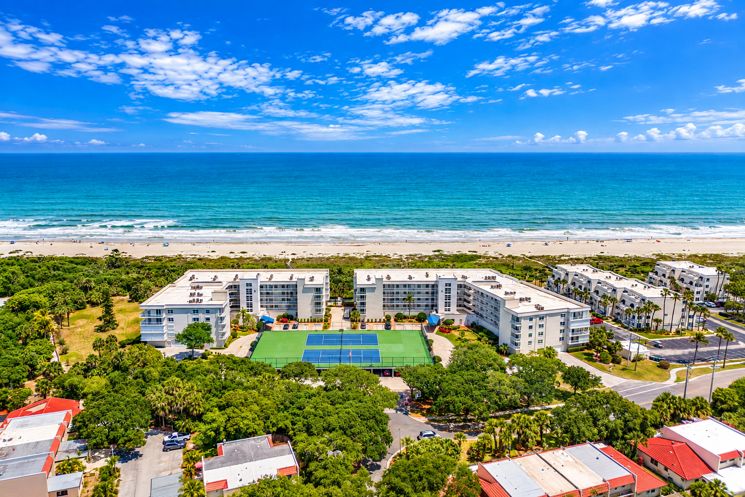 Aerial view of Ocean Oaks oceanfront condos Cape Canaveral Florida