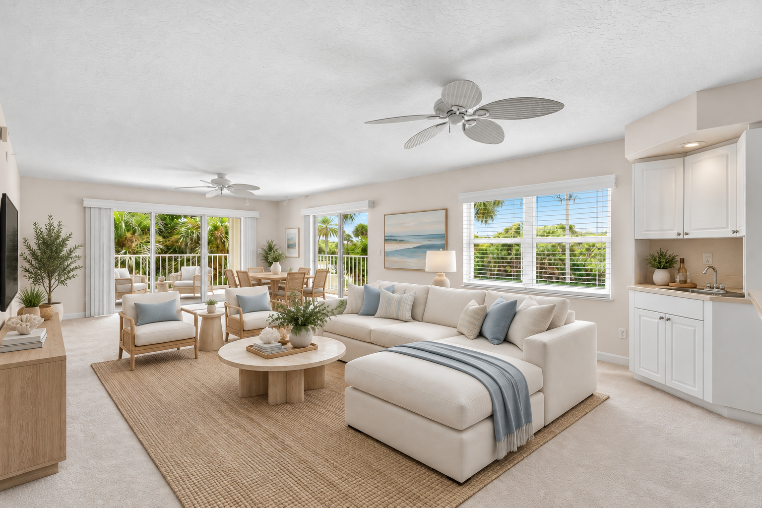 Living room and kitchen inside Ocean Oaks 211A Cape Canaveral Florida