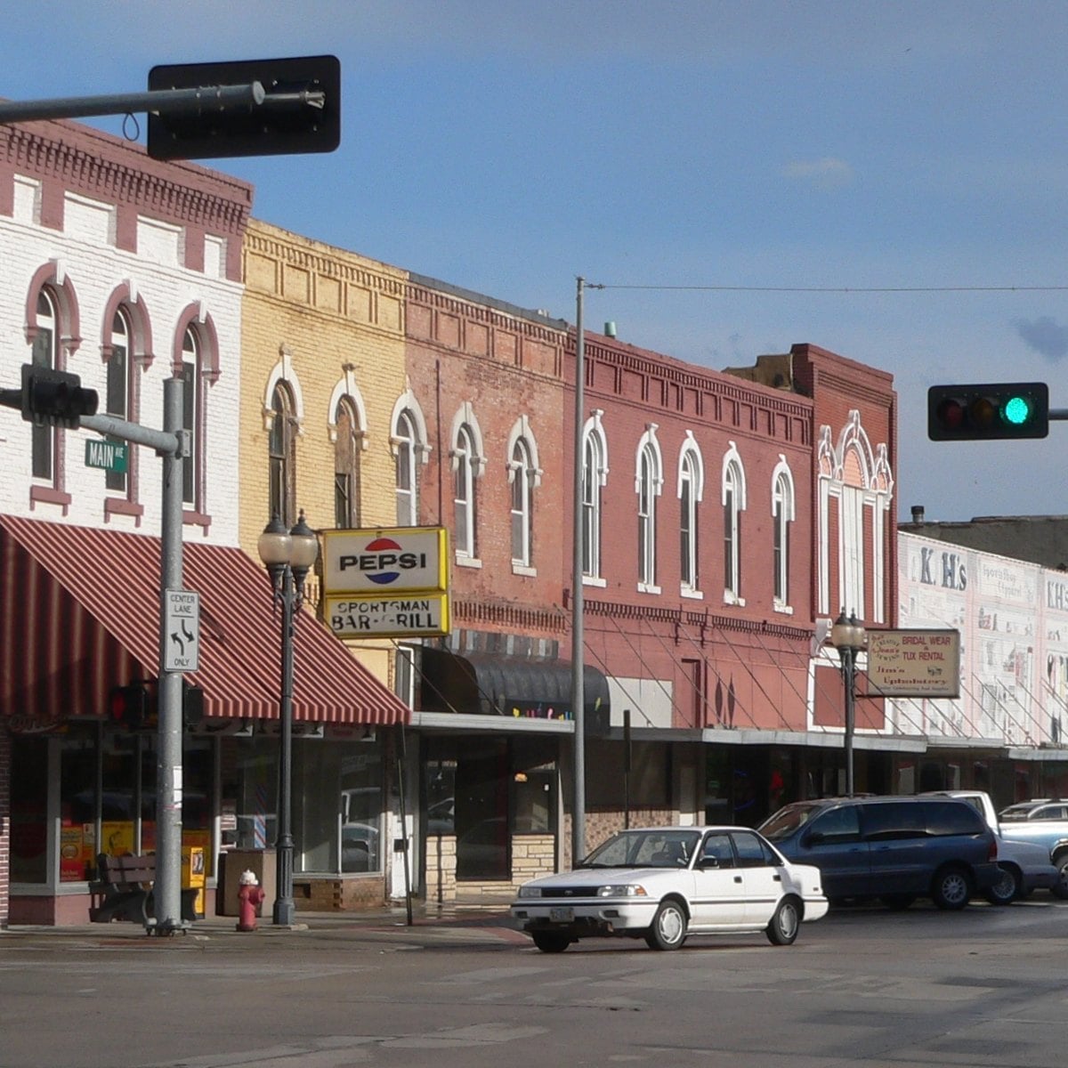 Historic brick storefronts on Main Avenue in downtown Crete, Nebraska