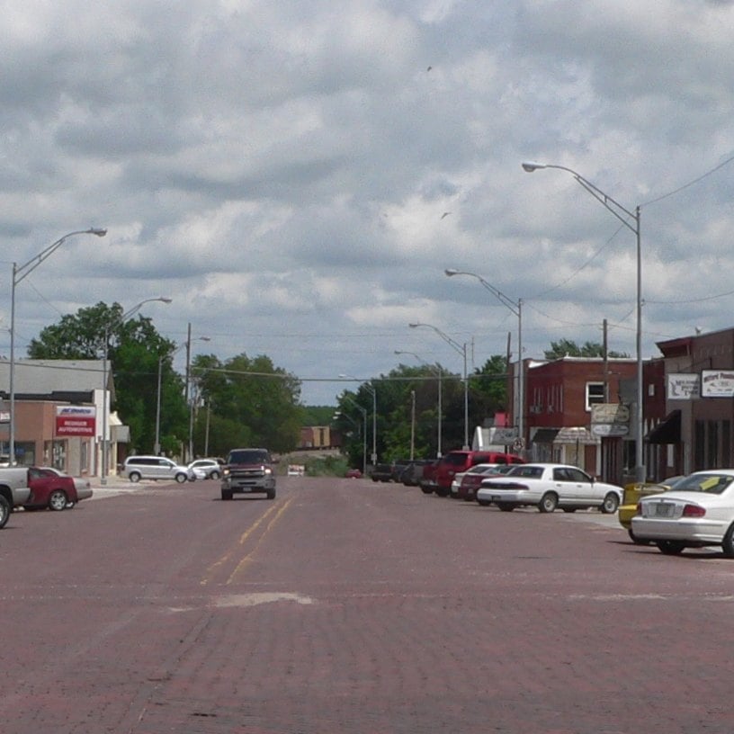 Brick Main Street in downtown Milford, Nebraska