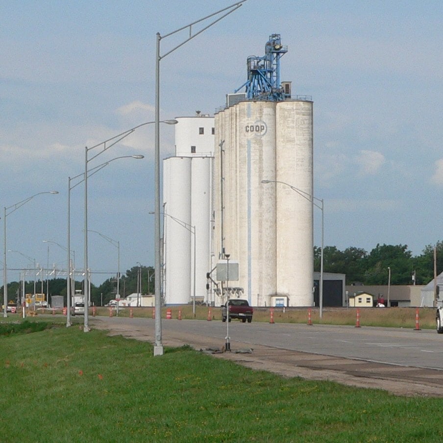 The co-op grain elevator along the highway in Waverly, Nebraska