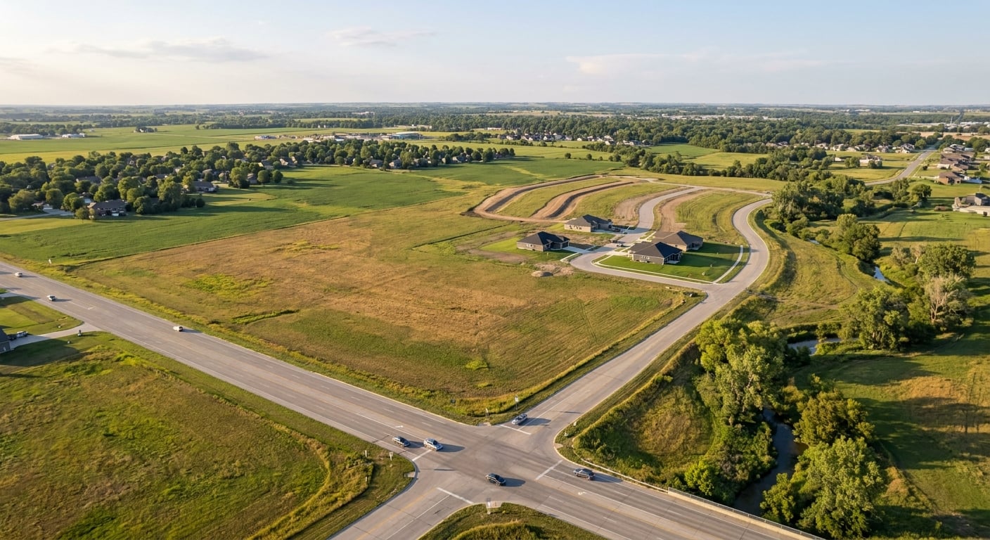 Aerial view of open land and new homes near 112th Street and Adams in east Lincoln