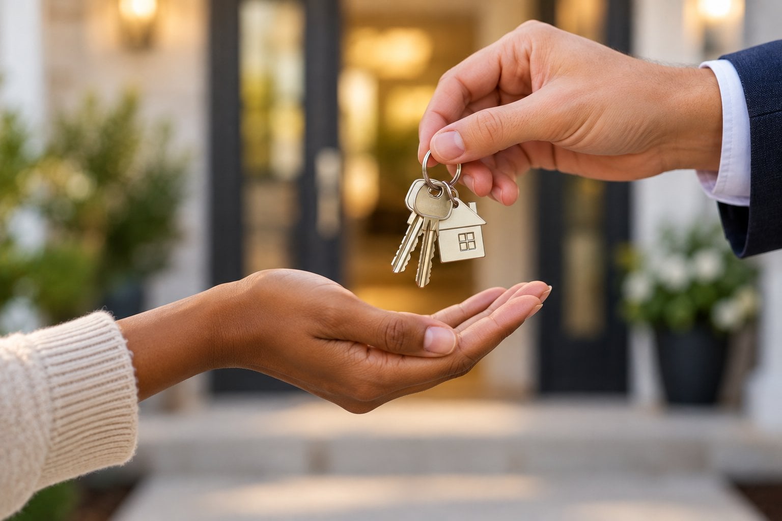 Agent hands house keys to a new homeowner outside the front door