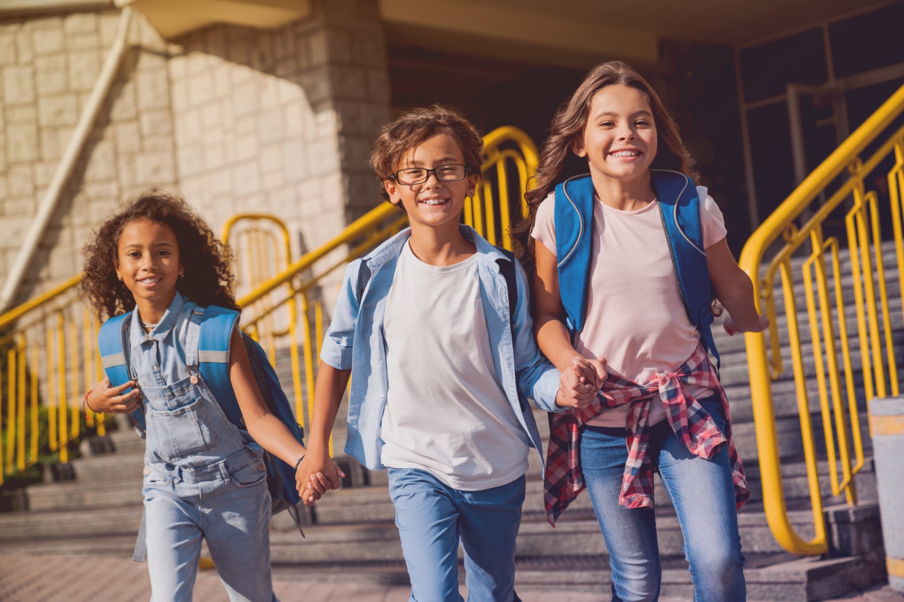 Happy,Kids,Elementary,School,Pupils,Children,With,Rucksacks,Backpack,Walking