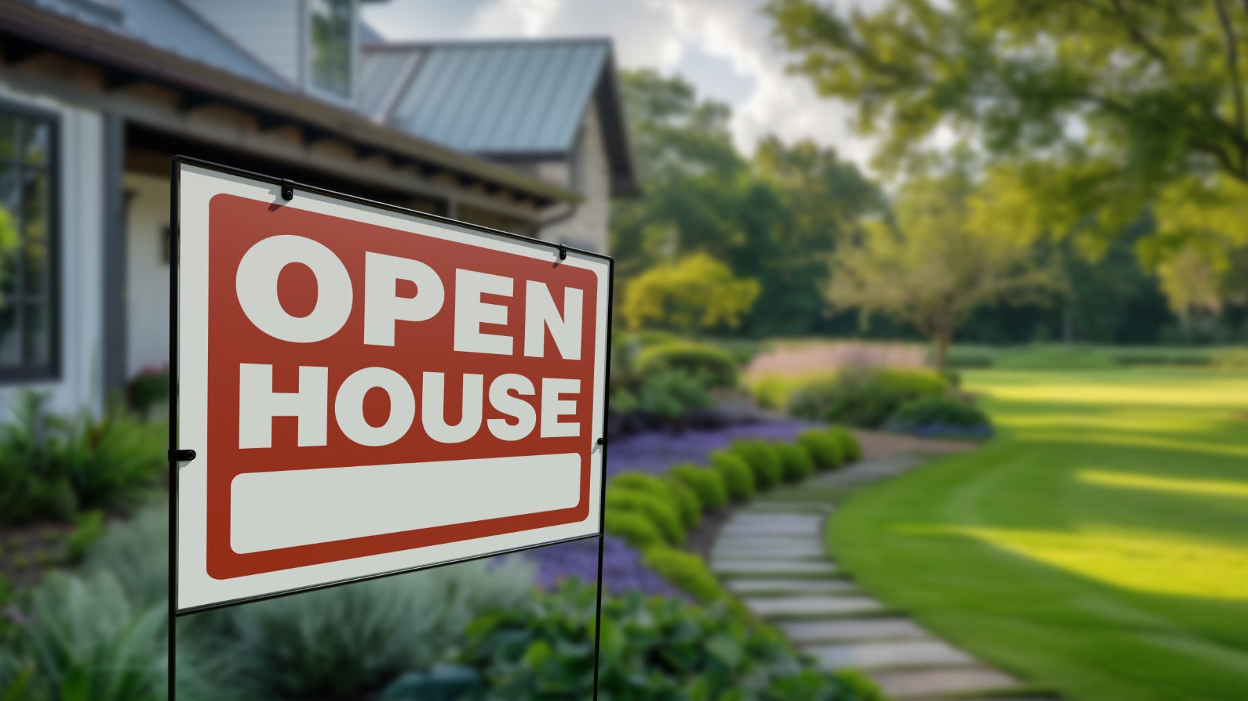 Open,House,Real,Estate,Yard,Sign,In,Front,Of,Beautiful,Home