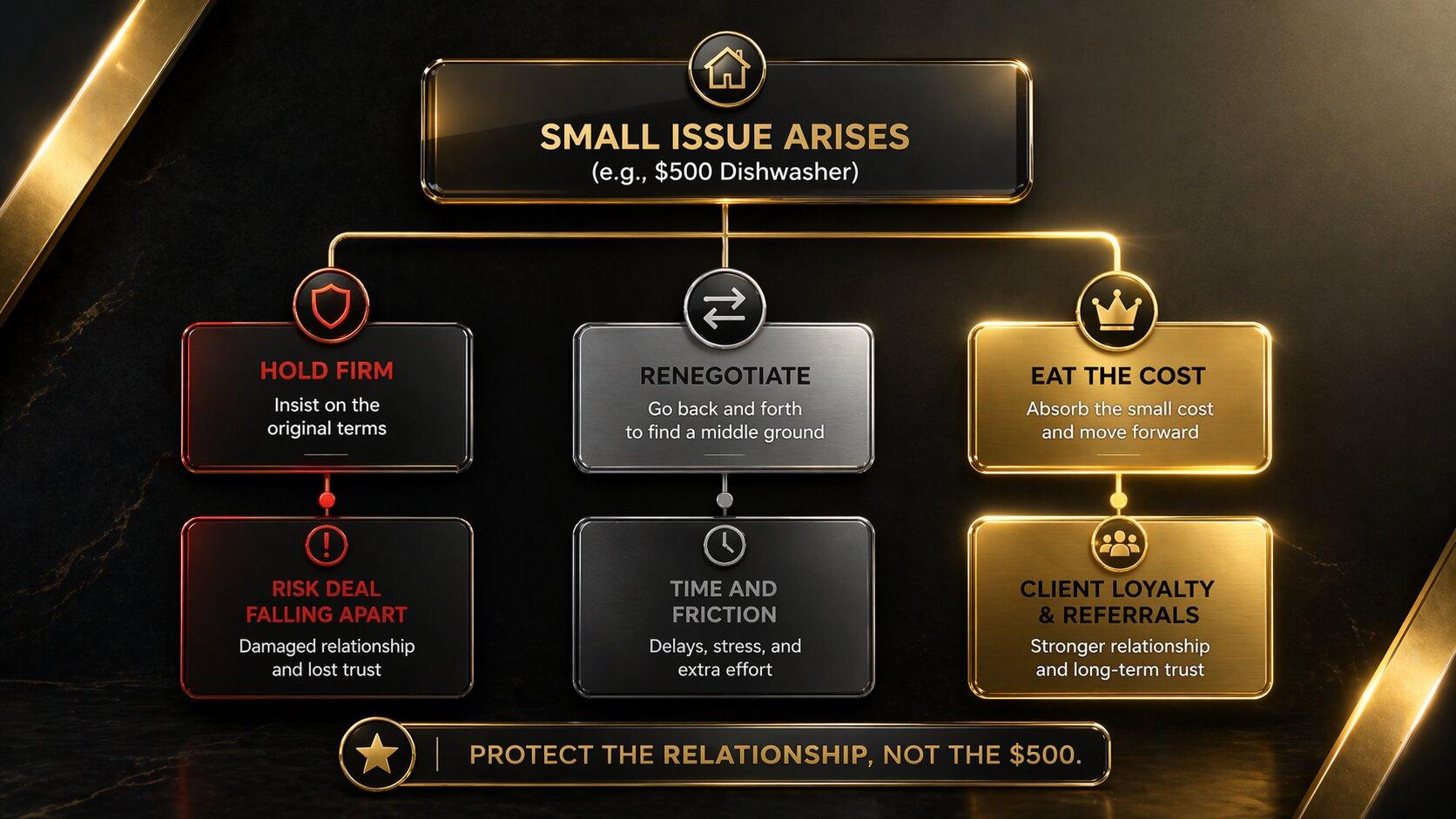A decision tree flowchart for real estate agents on whether to hold firm, eat the cost, or renegotiate a small issue in a transaction.