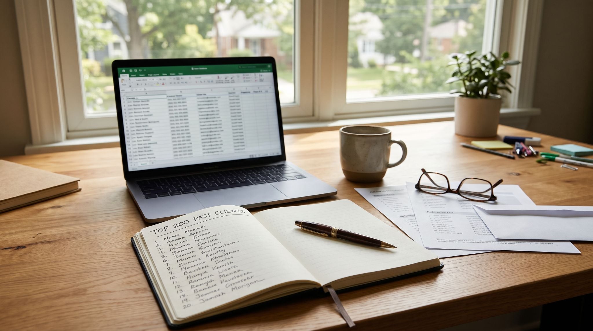 A desk with an open laptop, a coffee mug, and a notebook displaying a handwritten list titled 'Top 200 Past Clients'