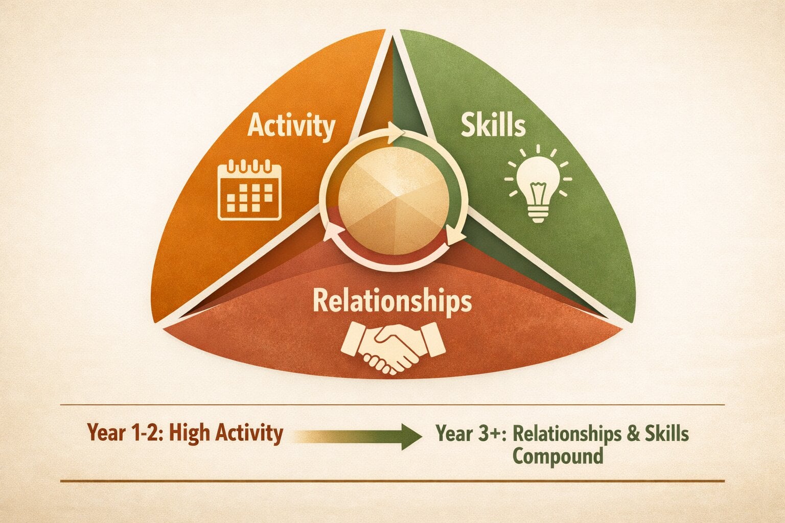 A visual diagram showing the three pillars of real estate success activity, skills, and relationships.