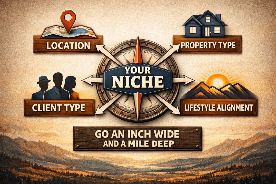 A visual guide showing four pillars for finding a real estate niche location, property type, client type, and lifestyle alignment.