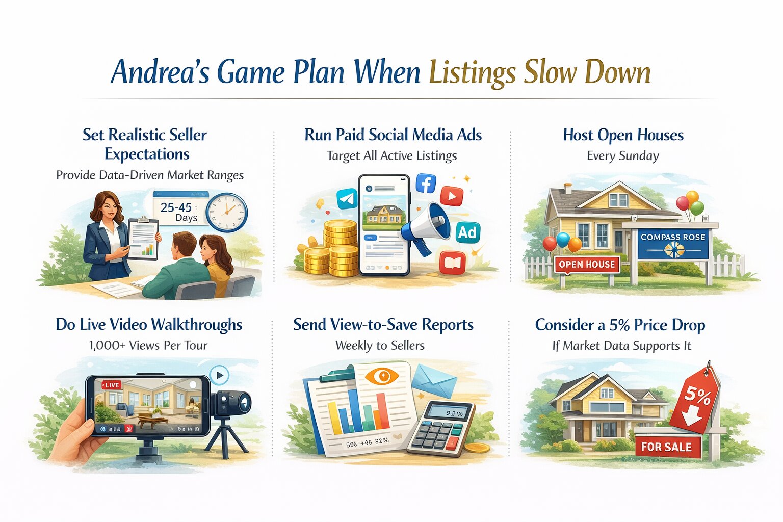 Andrea Andrews Compass Rose Realty listing marketing strategy including open houses video tours and social media ads