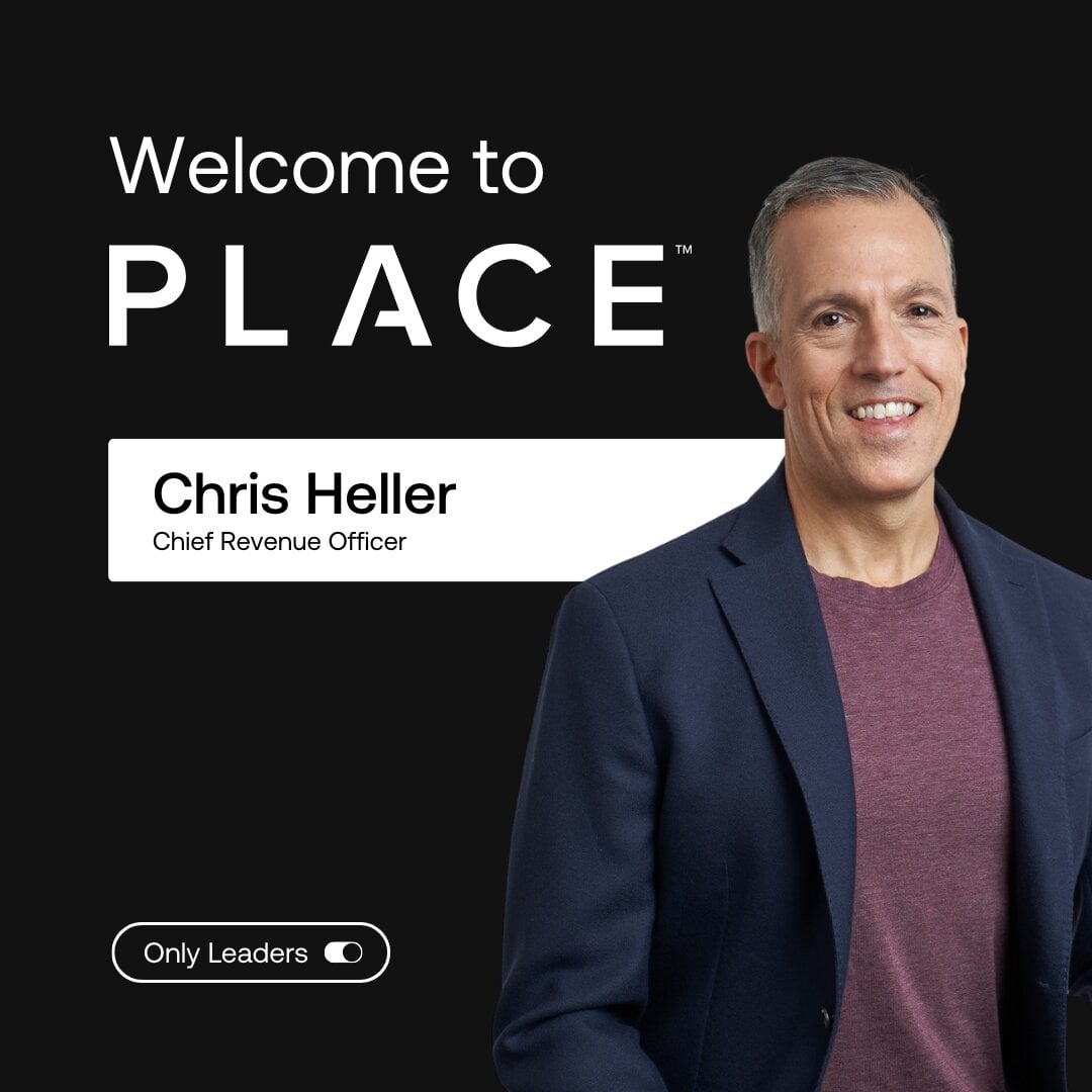 Chris Heller of PLACE Real Estate pictured in a navy blazer beside a welcome announcement identifying him as Chief Revenue Officer.