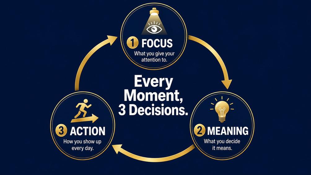 Circular diagram illustrating the three mindset decisions every real estate agent makes focus, meaning, and action