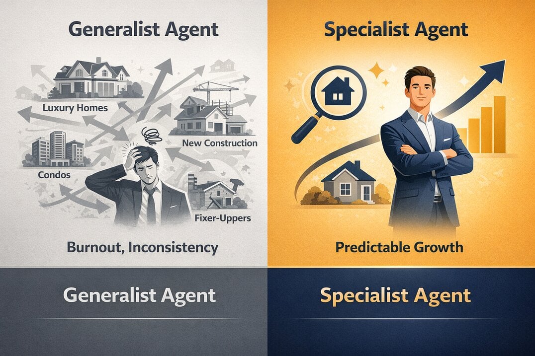 Comparison chart showing generalist agent scattered approach versus specialist agent focused growth