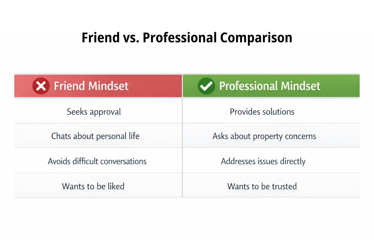 Comparison table showing the difference between treating clients as friends versus treating them as clients needing professional service