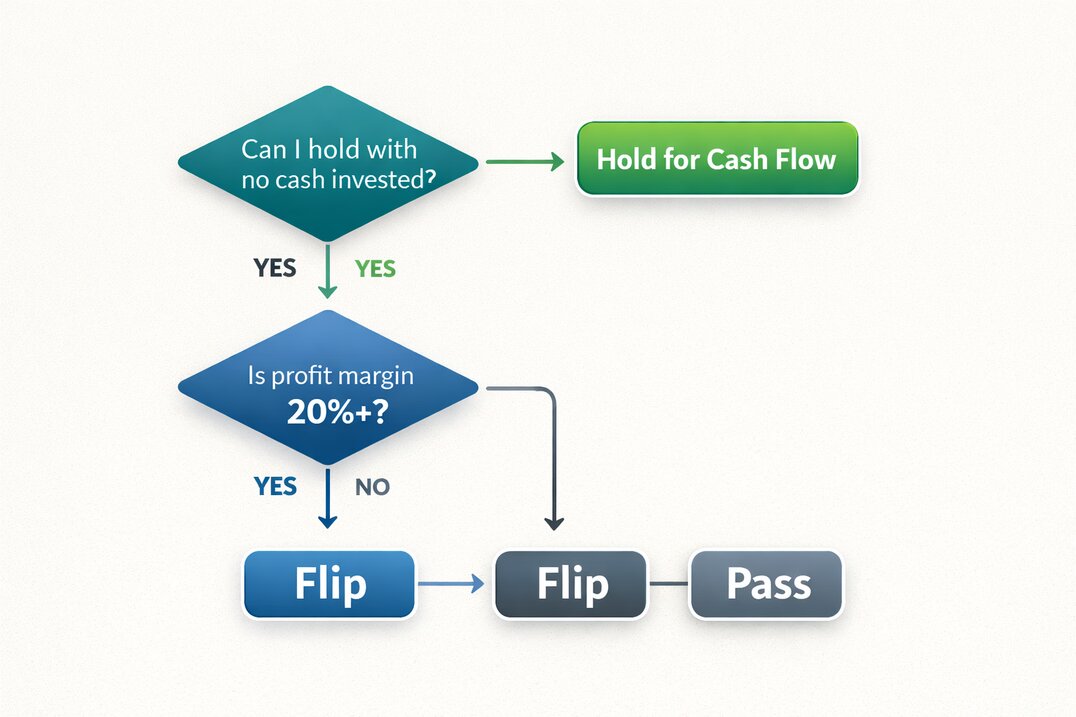 Flowchart for real estate investors flip property or hold for rental based on cash flow and profit margin.