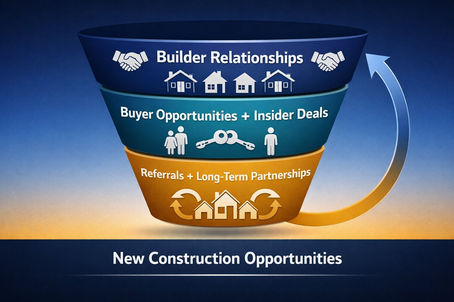 Funnel diagram showing new construction opportunity flow from builder relationships to referrals