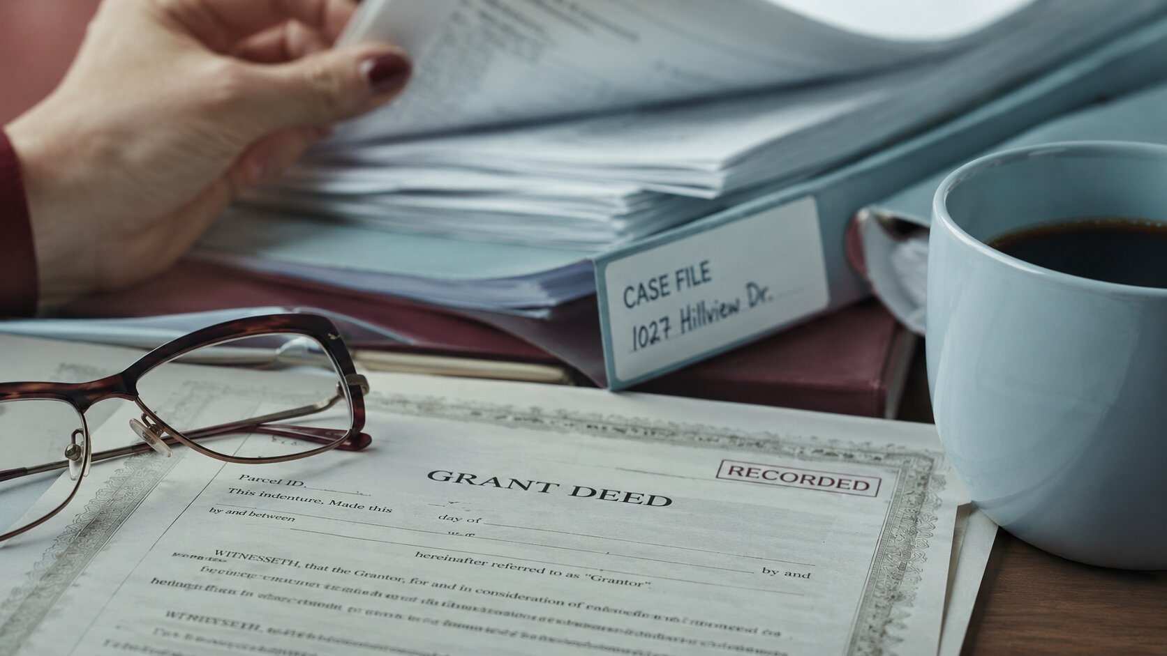 Grant deed and probate case file paperwork on a desk representing Bill Gross of eXp Realty discussing probate real estate in Los Angeles.