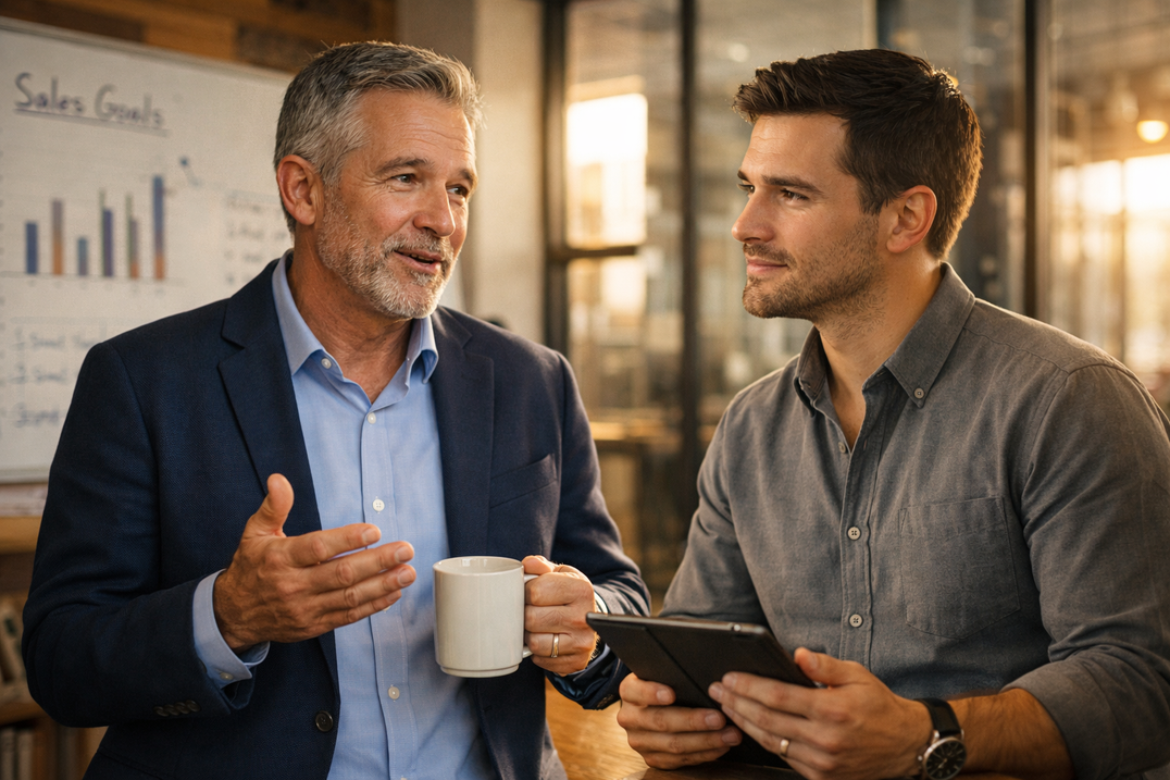 Hero image of a seasoned real estate broker mentoring a younger agent in a bright, modern office, highlighting teamwork and leadership.