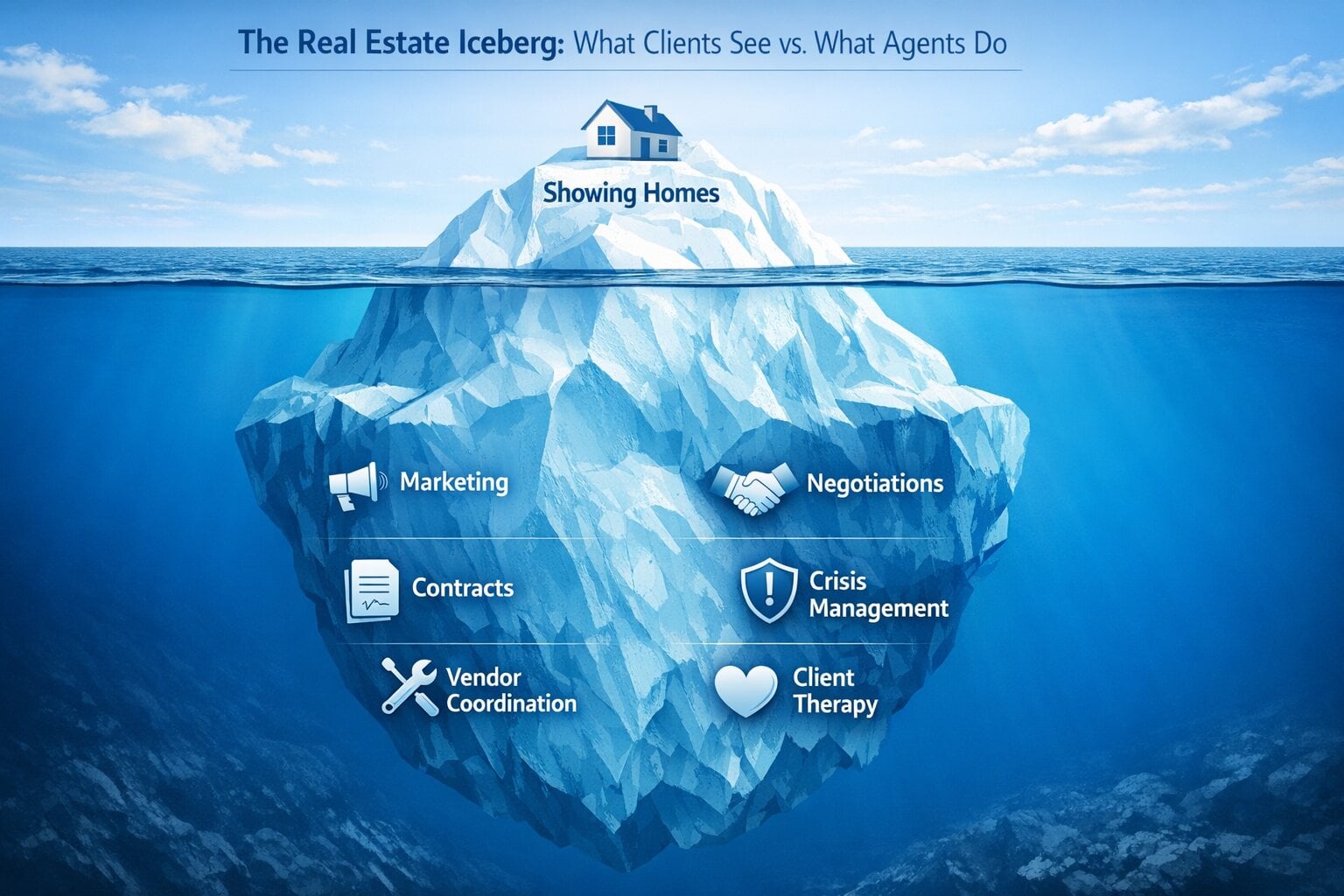 Iceberg infographic showing visible agent tasks above water and hidden responsibilities below the surface, including marketing, negotiations, contracts, and crisis managementv