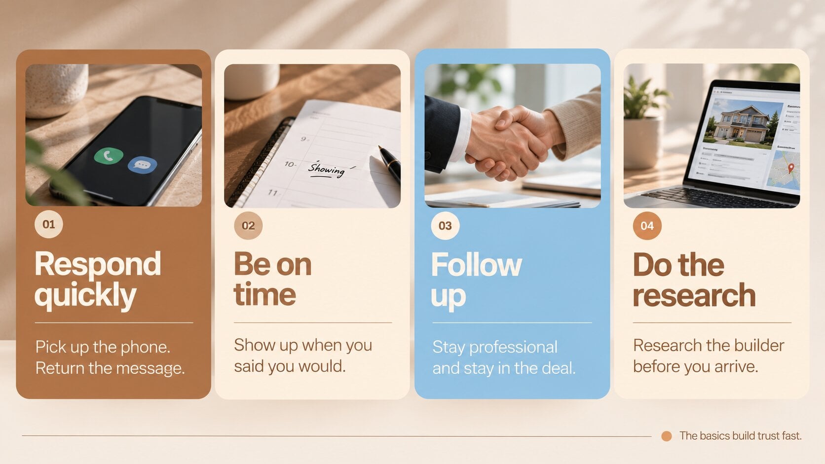 Infographic based on Mike Lyon of Do You Convert highlighting quick responses, punctuality, follow-up, and builder research for real estate agents.