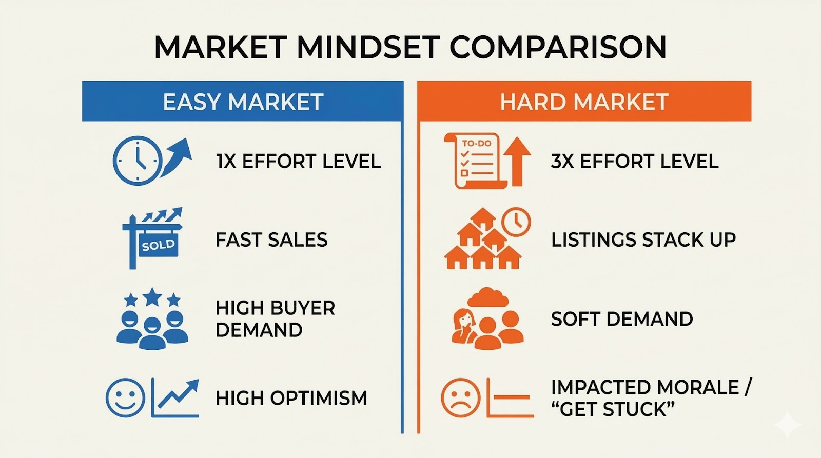 Infographic comparing Easy Market vs Hard Market real estate strategies, showing effort, listings, buyer demand, and agent morale, based on Rebecca Durfey insights.