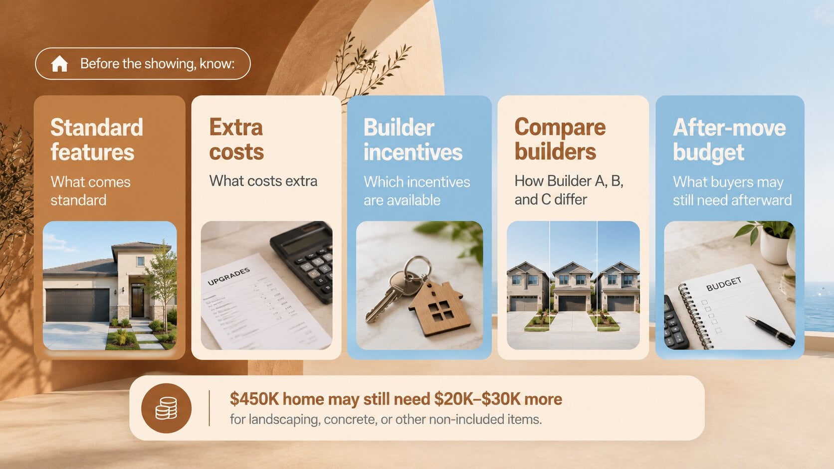 Infographic from Mike Lyon of Do You Convert explaining standard features, extra costs, builder incentives, builder comparisons, and after-move expenses.