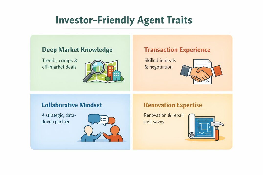 Infographic highlighting four traits of an investor-friendly real estate agent market expertise, transaction experience, collaboration, and renovation skills.