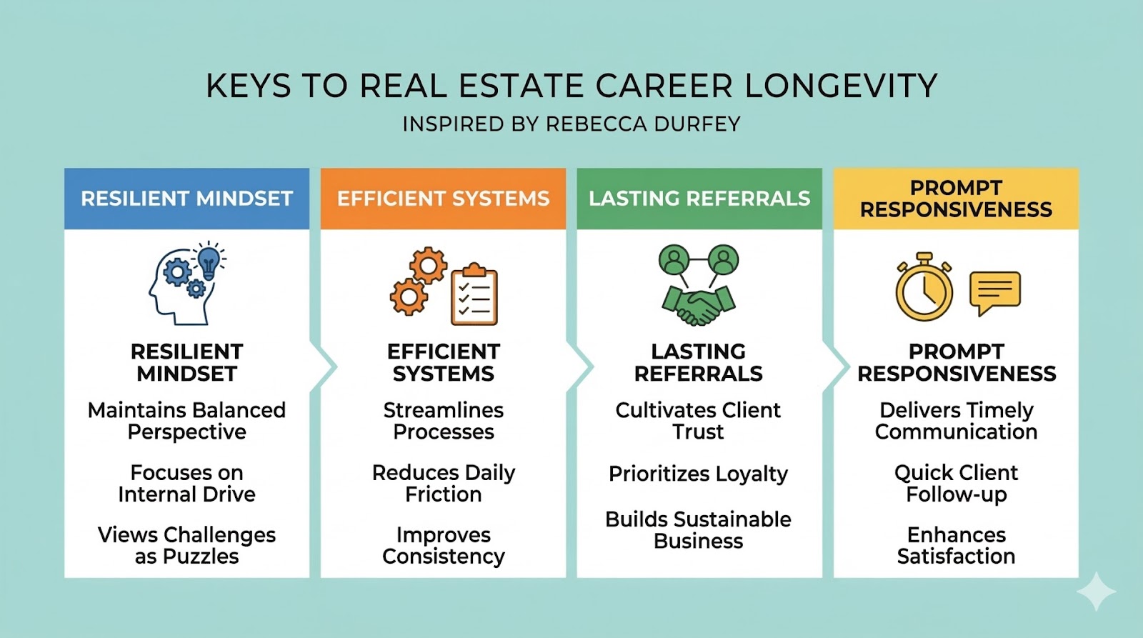 Infographic summarizing Rebecca Durfey’s key habits for long-term real estate success systems, referrals, responsiveness, and mindset.