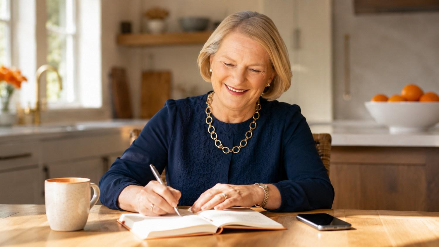 Karen Briscoe of 5 Minute Success writing her daily five-minute habit at a sunlit table