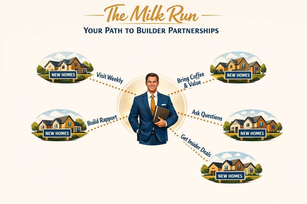 Milk run strategy showing real estate agent visiting builder communities to build relationships