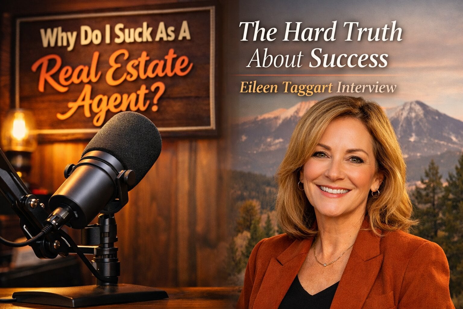Podcast interview image of Eileen Taggart with Flagstaff mountains and real estate branding