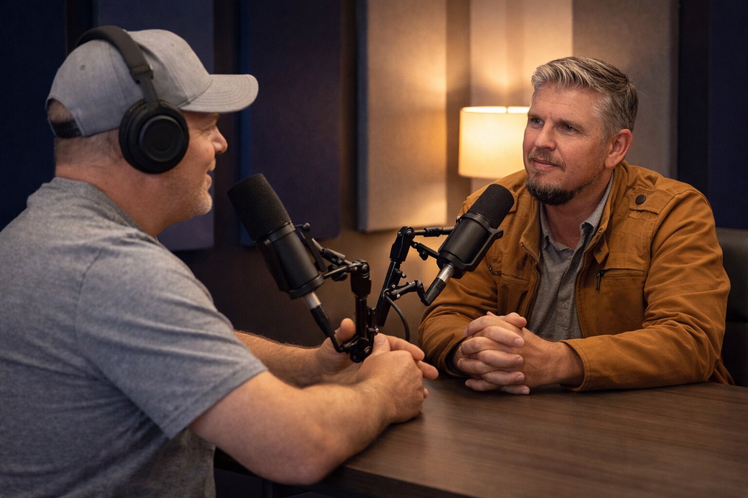Podcast interview scene with real estate developer Jared Jones and host Monte Reyment discussing housing development.