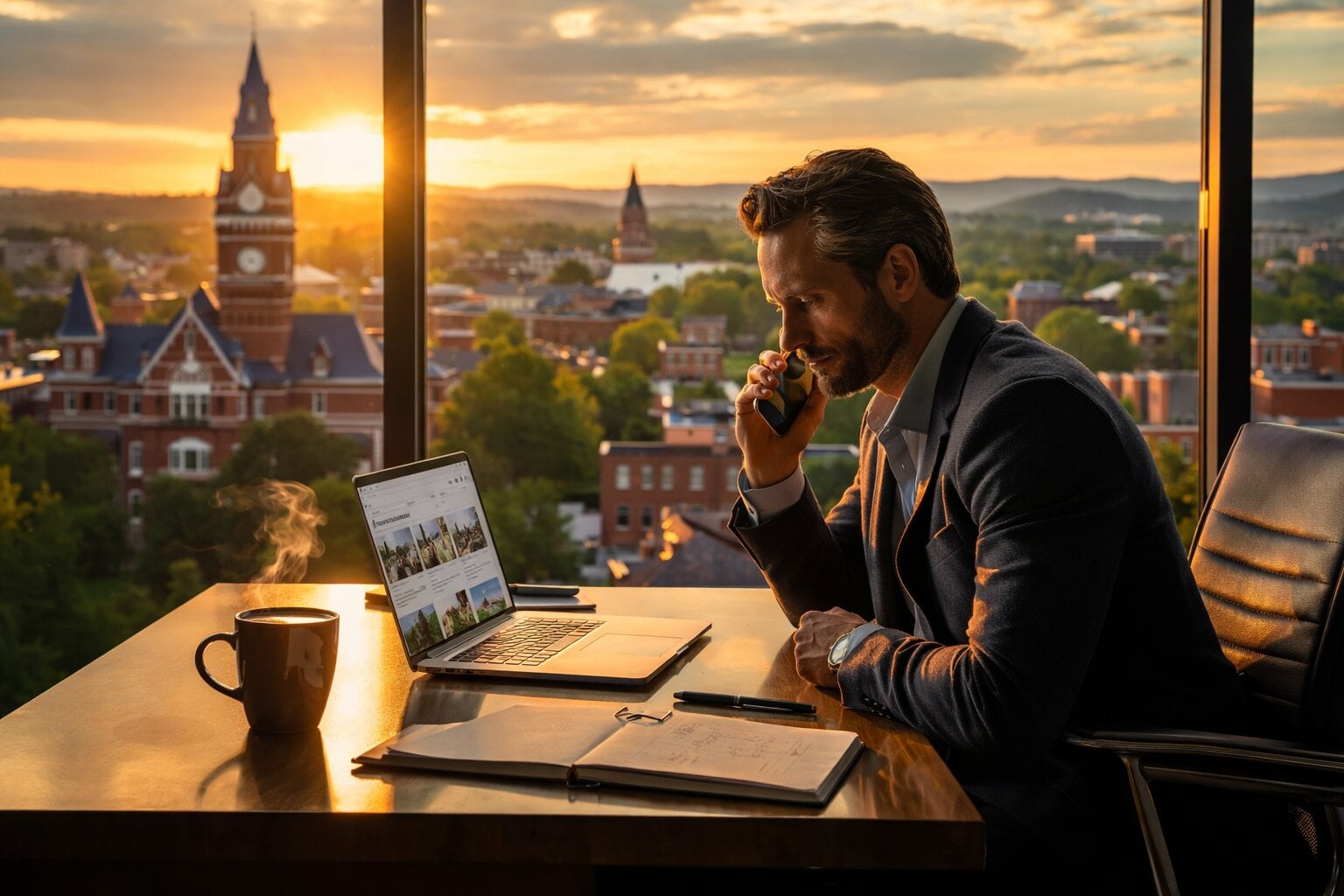 Real estate agent making prospecting calls at sunrise in the Auburn, Alabama office, with Samford Hall and downtown skyline visible through the window