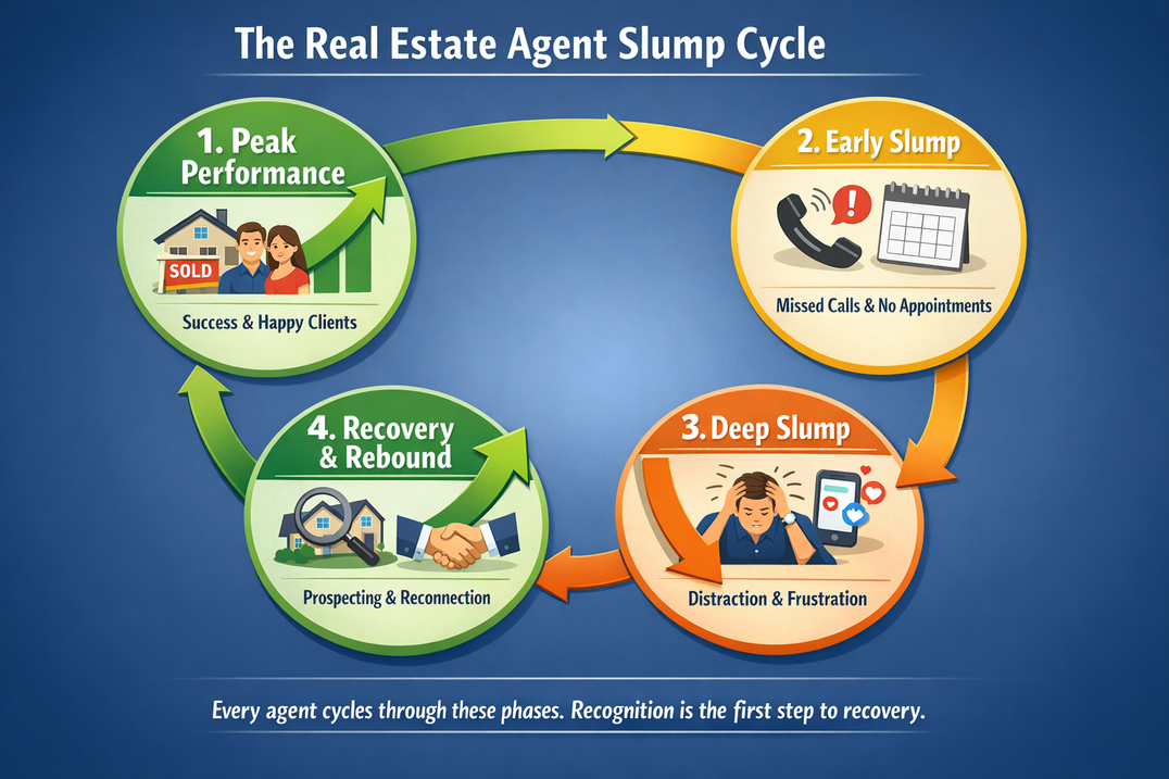Real estate agent slump cycle infographic with four phases peak performance, early slump, deep slump, and recovery with arrows and icons