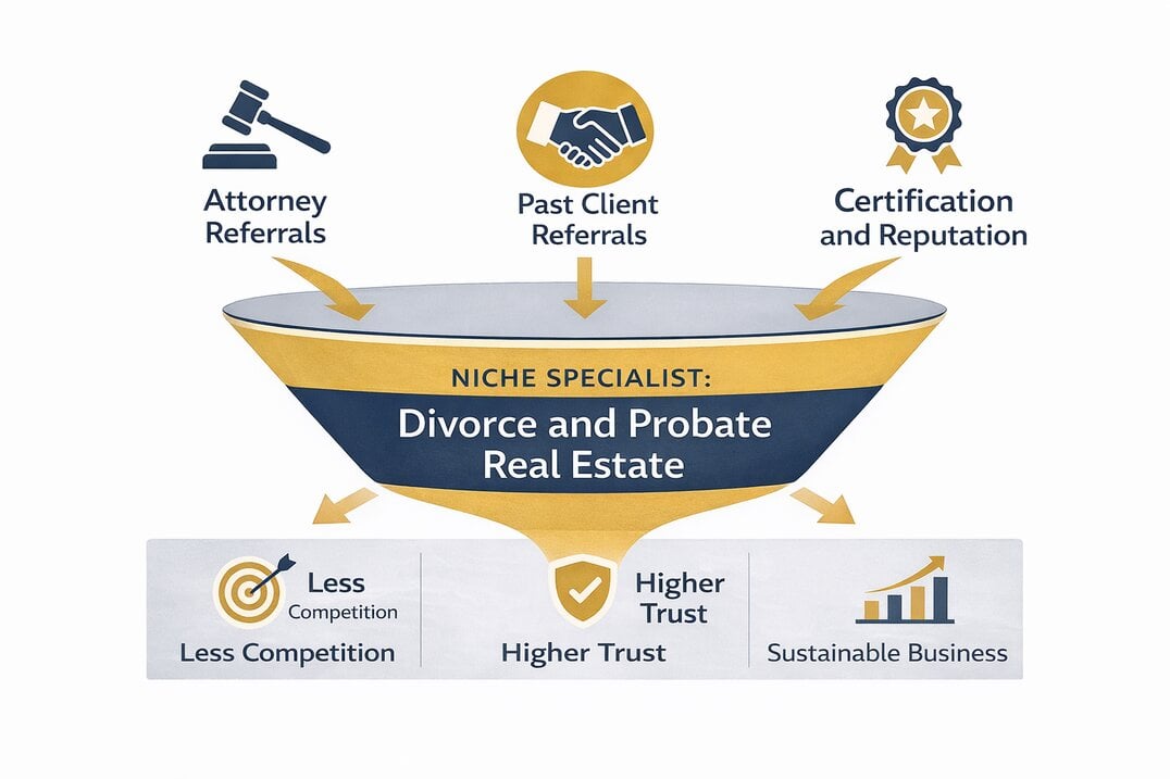 Referral funnel infographic for divorce and probate real estate niche showing attorney and client referrals building a sustainable business