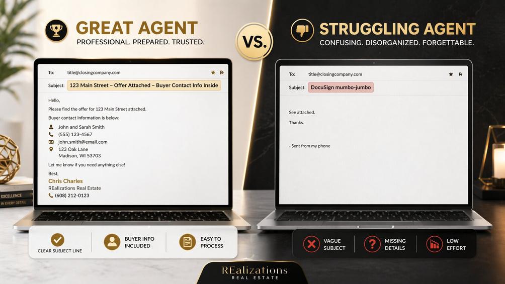 Side-by-side comparison of a great real estate agent's email with clear subject line and contact info versus a struggling agent's disorganized email.
