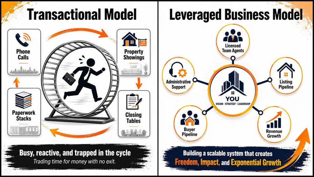 Side-by-side infographic comparing a solo transactional real estate model to a leveraged team business model