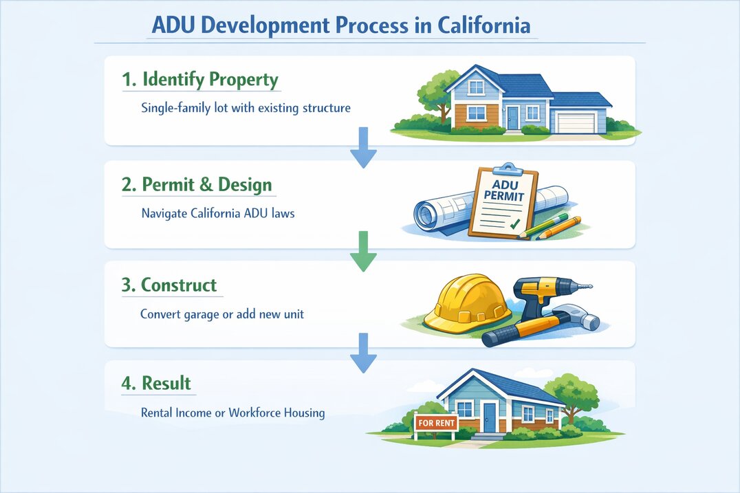 Step-by-step ADU development process identify property, permit and design, construct, and result.
