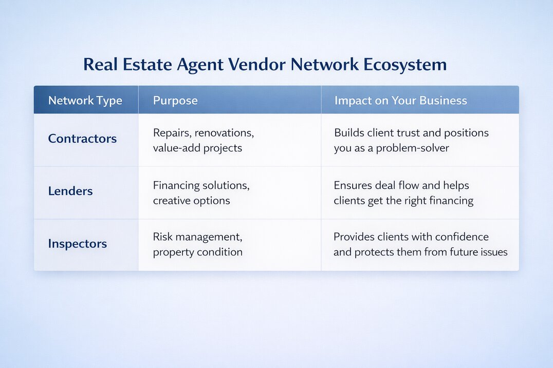 Table of real estate agent vendor network contractors, lenders, inspectors—purpose and impact.