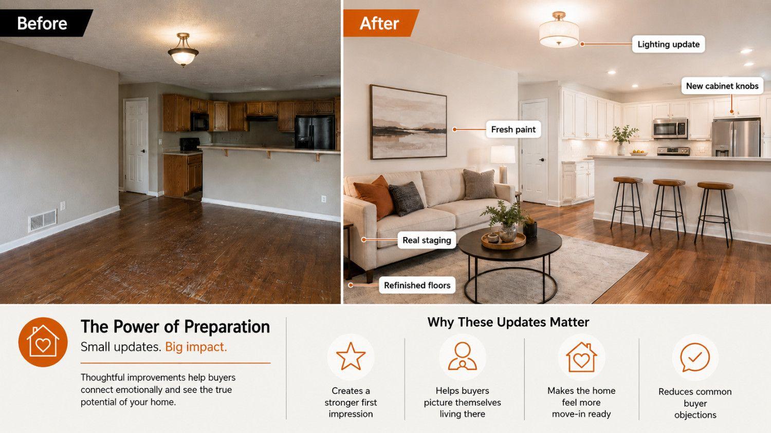 before-and-after home staging comparison showing buyer-friendly updates